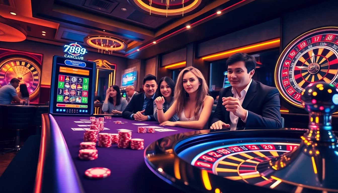 Exciting gameplay at 789club with vibrant casino tables, cards, and slot machines.