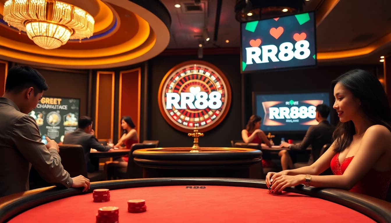 Engaging scene at RR88 casino with glamorous poker players and a spinning roulette wheel.