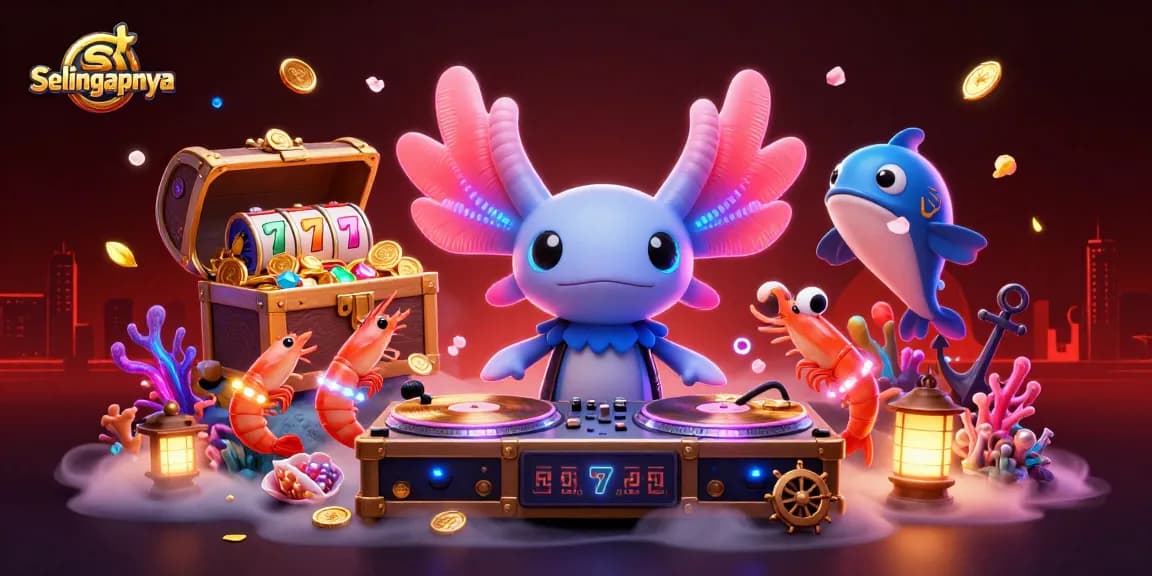 selengkapnya reveals a vibrant scene with an axolotl DJ and lucky slots in a neon underwater casino atmosphere