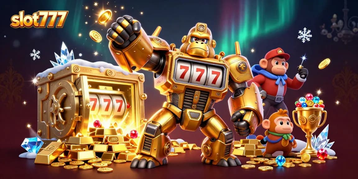 Experience thrilling wins with slot777 in a vibrant 3D illustration of a mech surrounded by treasures.