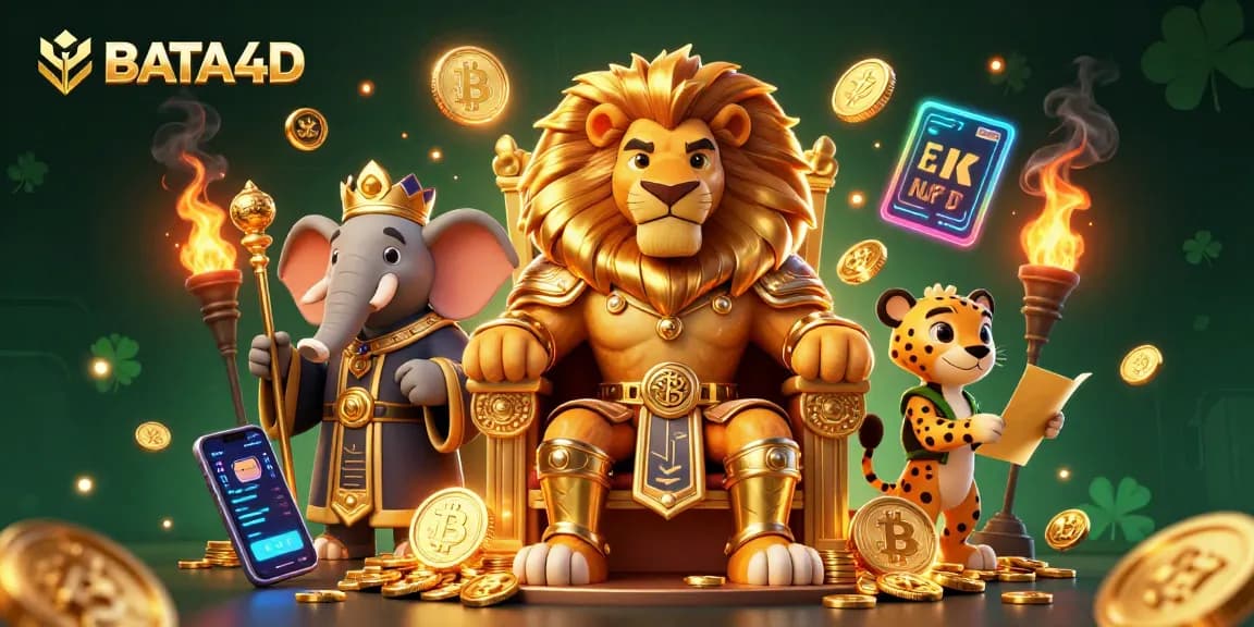 Menggali pengalaman bermain yang seru di BATA4D dengan ilustrasi 3D raja singa, gajah, dan cheetah menggenggam kekayaan digital.