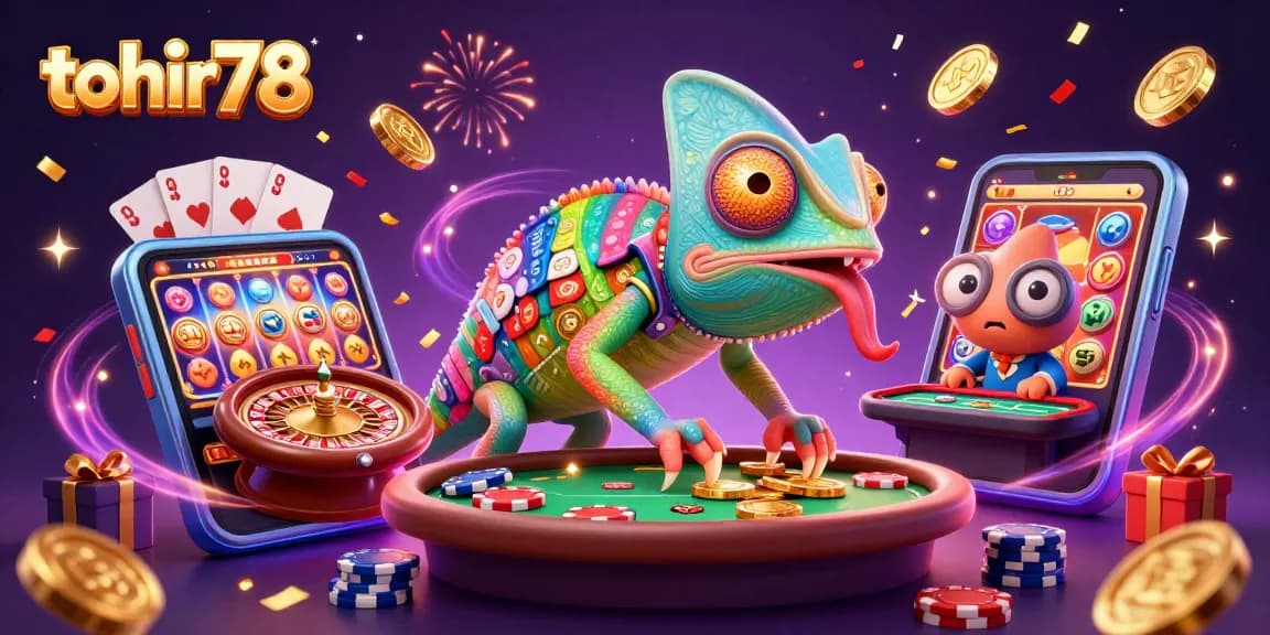 Mainkan slot di tohir78 dengan kasino chameleon berwarna menarik dan koin emas berterbangan.