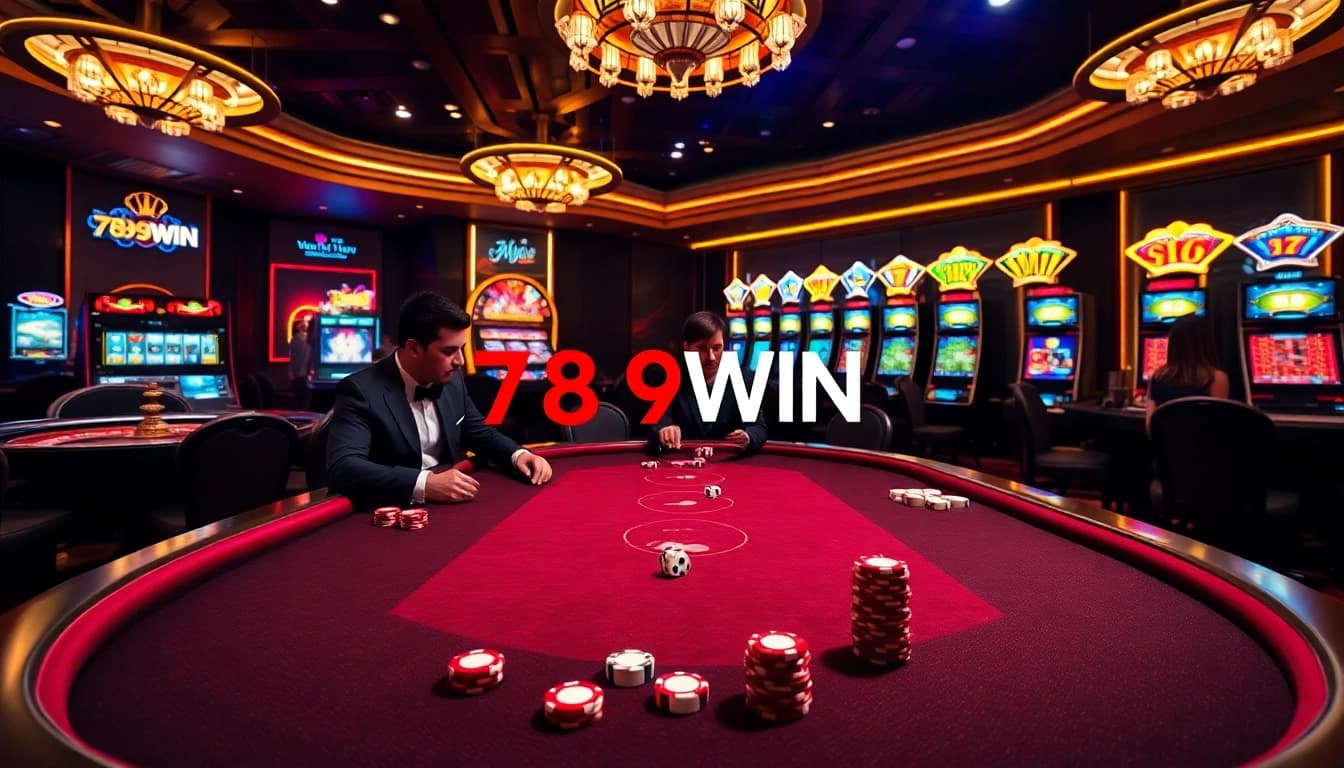 Experience the thrill of online gambling with 789WIN in a luxurious casino setting featuring tables, chips, and vibrant machines.