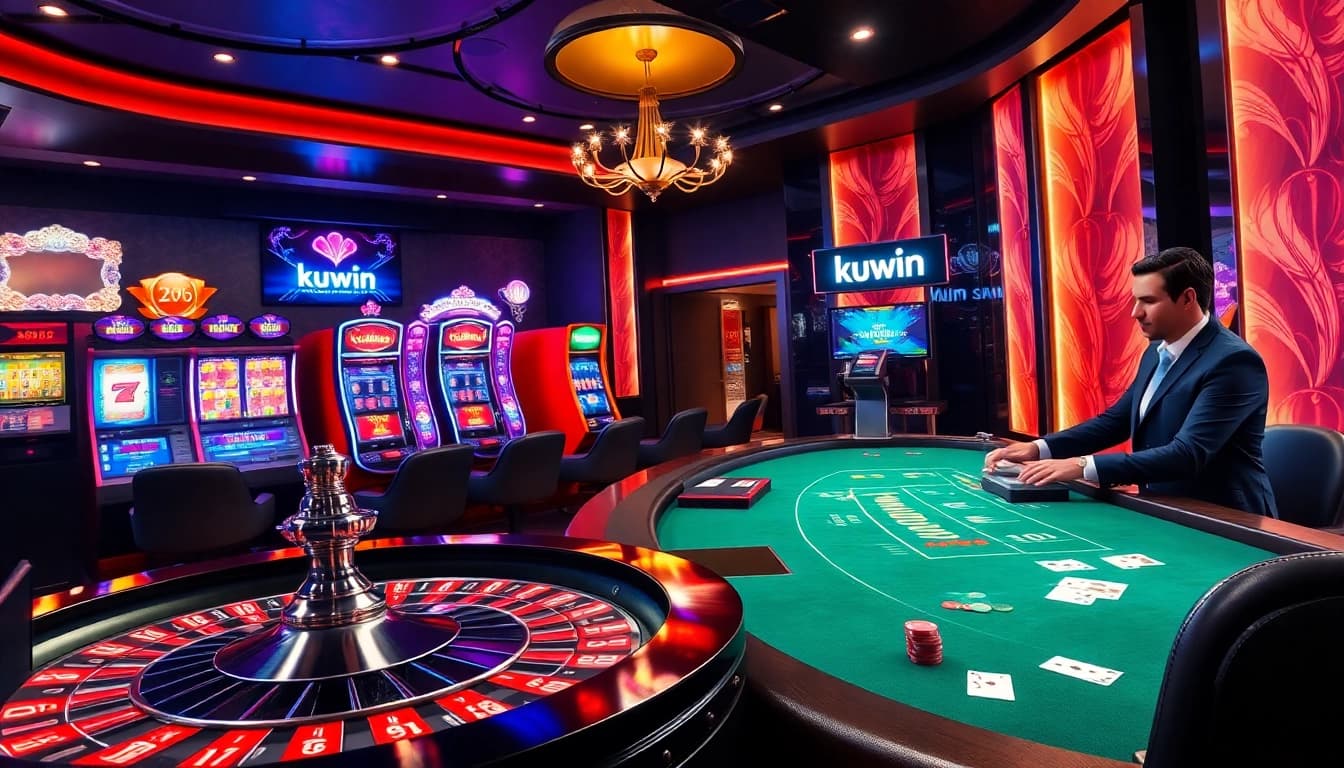 A vibrant casino scene showcasing kuwin slots and a roulette wheel, symbolizing thrilling online gambling experiences.