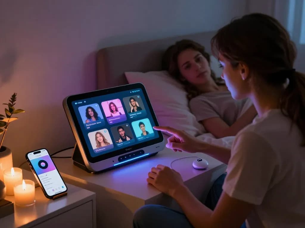 Couple using AI sex technology in a modern bedroom, enhancing intimacy.