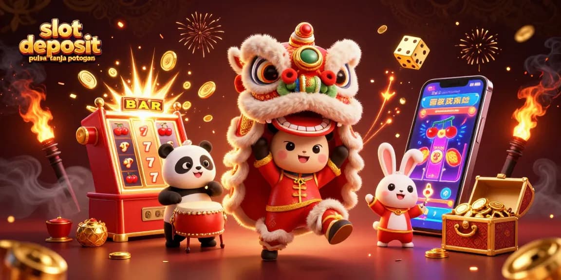 Menggali kesenangan dengan slot deposit pulsa tanpa potongan dalam ilustrasi kasino 3D yang kaya dan dinamis.