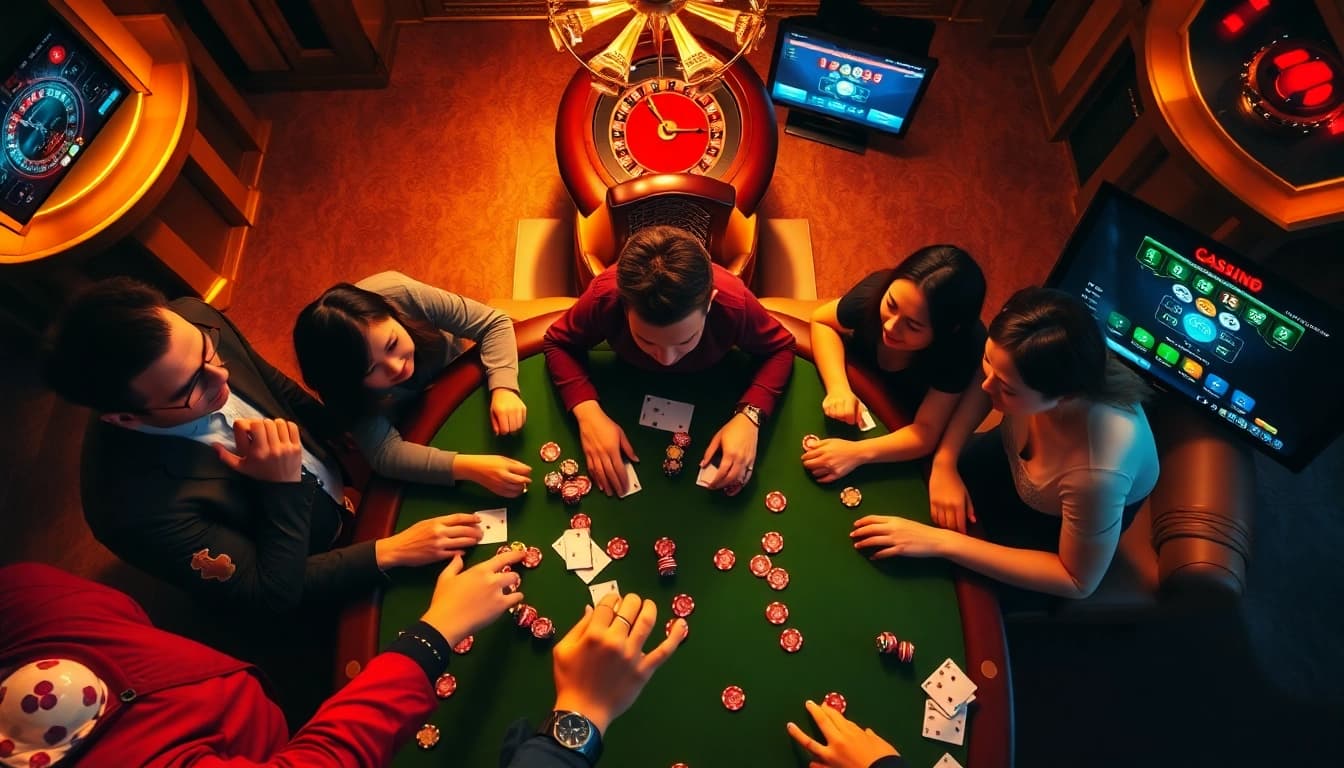 A thrilling gamebaidoithuong table filled with enthusiastic players and vibrant casino elements.