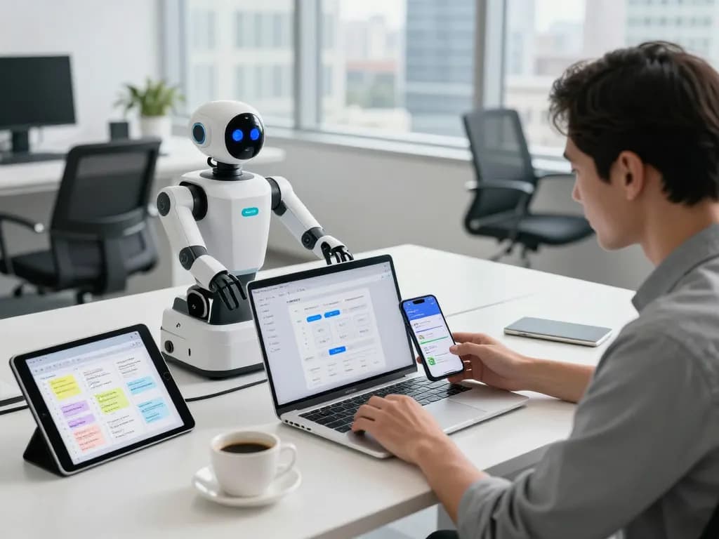 Person using clawbot AI assistant on laptop in a bright, modern workspace with productivity tools.