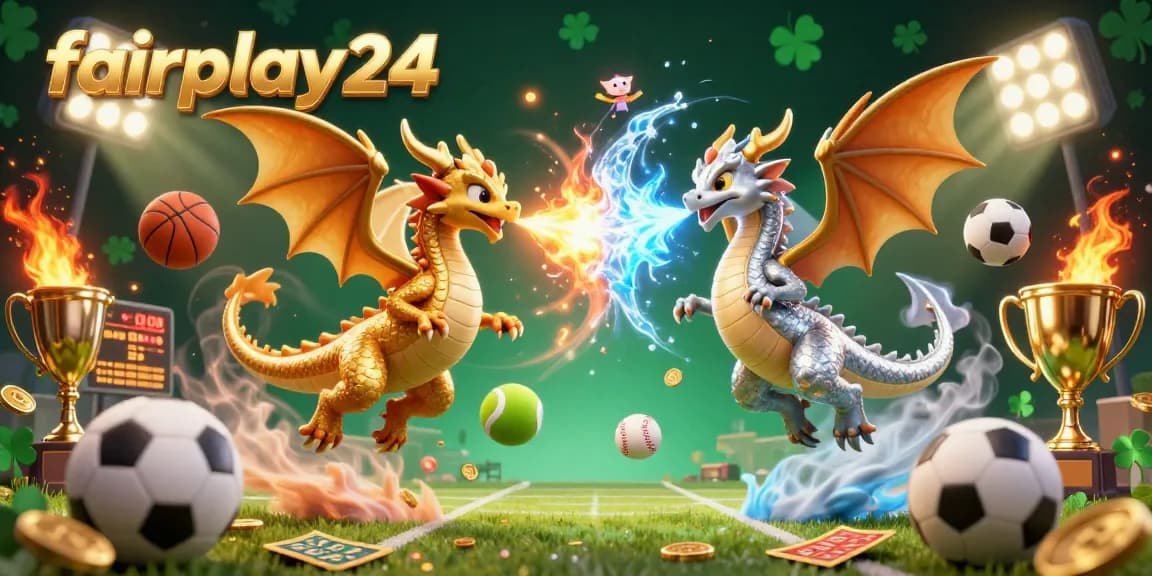 Engage in thrilling sports betting with fairplay24, featuring dynamic dragons and lively sports elements.