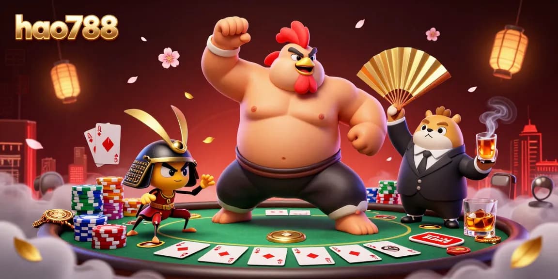 Menangkan permainan di HAO788 dengan ilustrasi digital 3D dari karakter sumo dan samurai dalam suasana kasino.