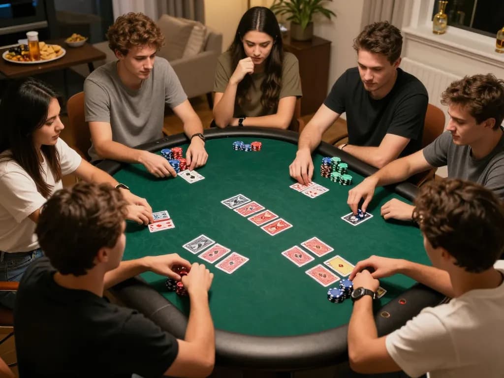 Engaged players at a home poker night, showcasing the situs slot mahjong gambling strategy and gaming excitement.