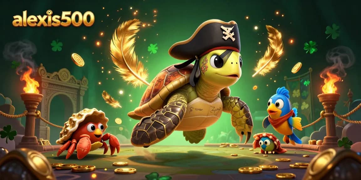 Engage with the thrilling world of alexis500 with a vibrant 3D pirate turtle illustration.