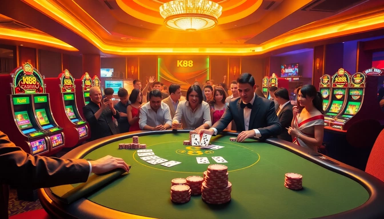 K88 gaming scene illustrating high-stakes action at an elegant casino table with professional atmosphere.