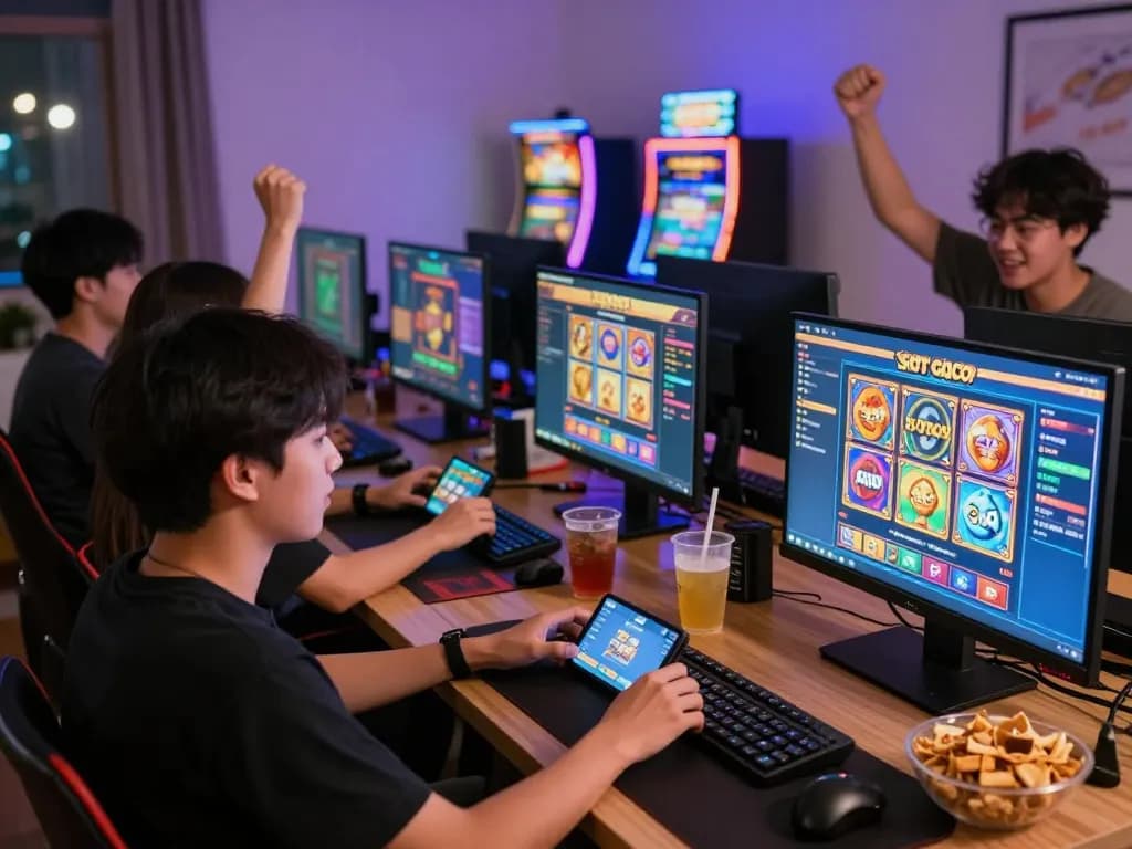 Excited players enjoying slot gacor gameplay in a lively home setting.