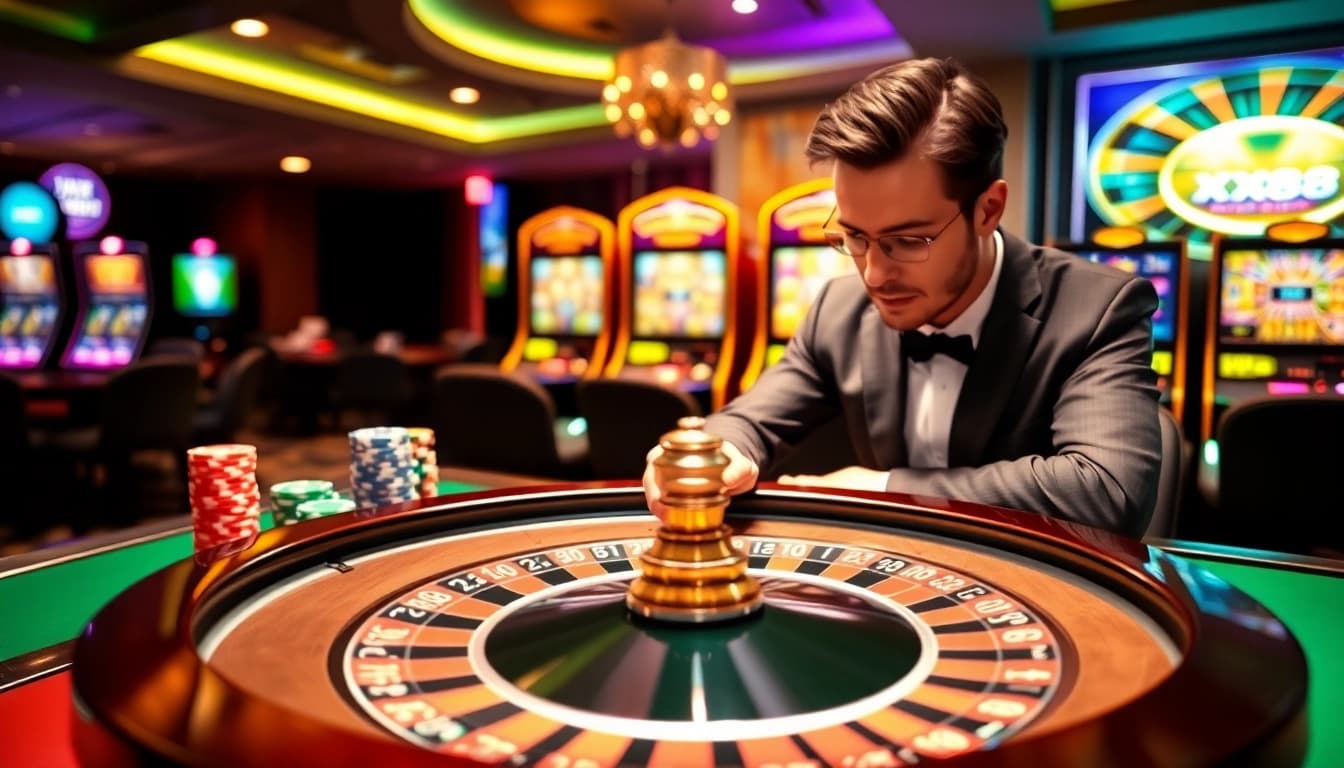 X88 offers thrilling casino experiences with a vibrant roulette table and excited players.