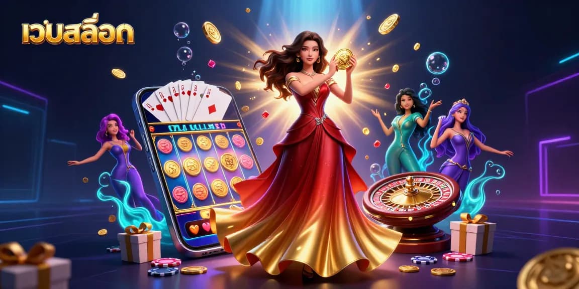 Engage with เว็บสล็อต in a vibrant 3D casino scene featuring glamorous characters and dynamic gaming elements.