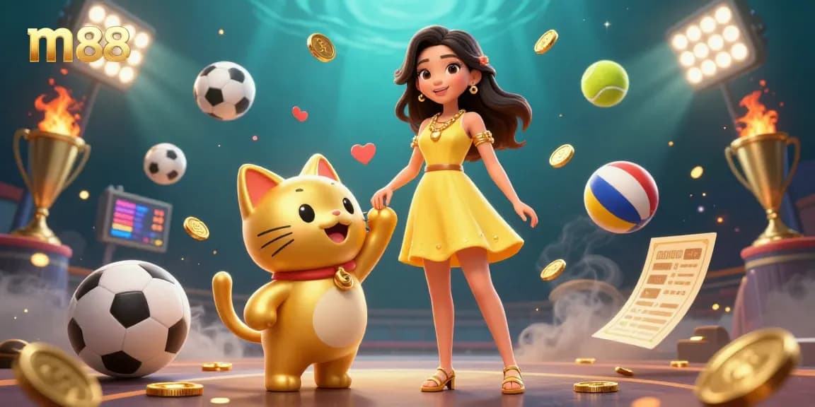 Experience thrilling moments at m88 with a cheerful Asian woman and a lucky cat surrounded by sports elements.