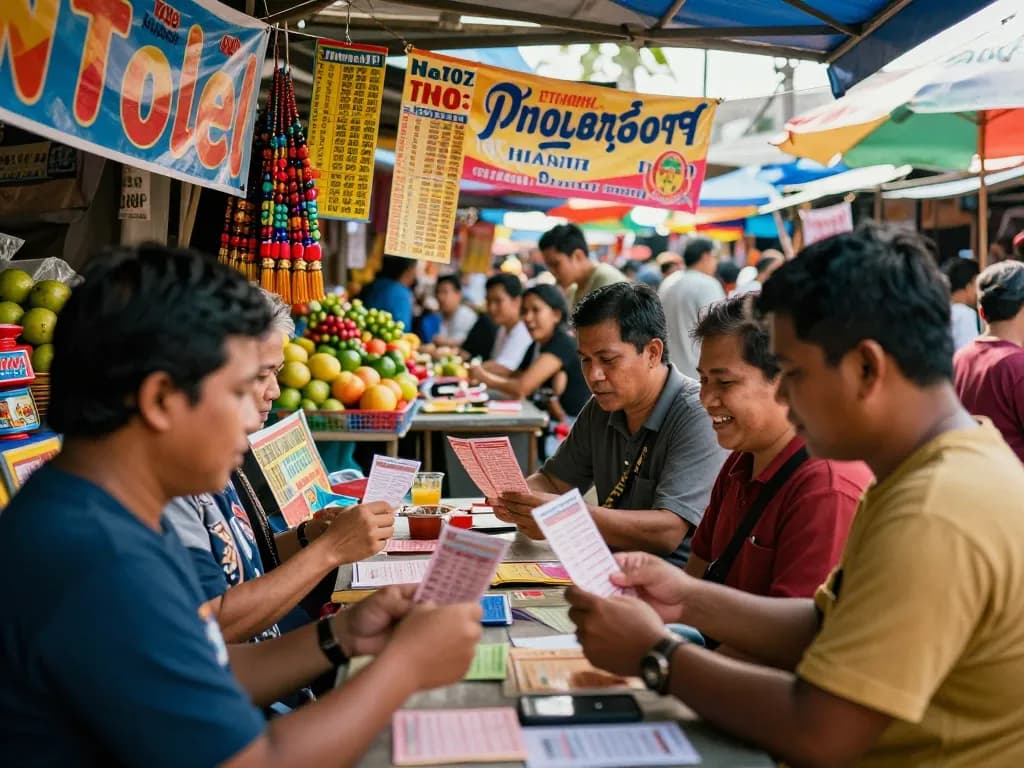Aksi taruhan toto togel di pasar outdoor yang ramai dengan pemain bersemangat mendiskusikan strategi