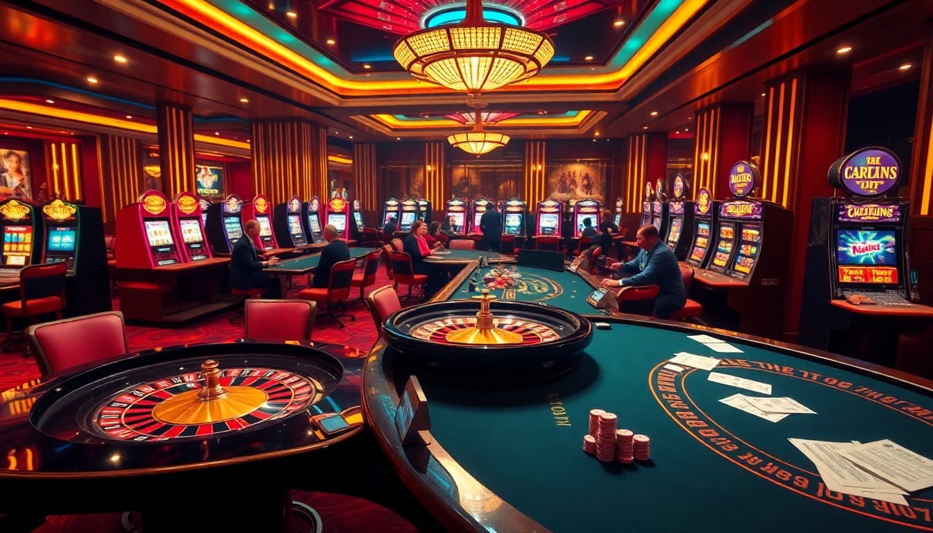 Engaging casino gameplay scene at https://vb88.social/ showcasing luxurious tables and vibrant slot machines.