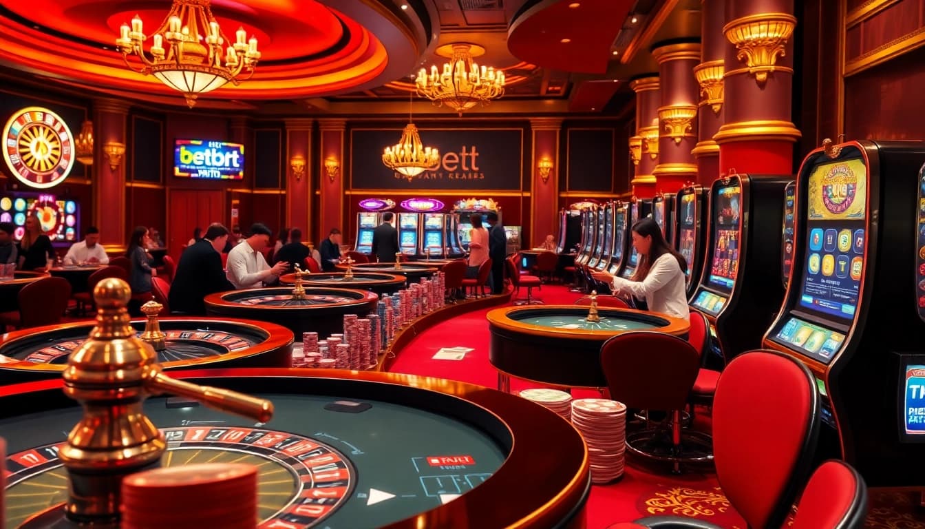 Experience thrilling gaming action at betbdt.art with vibrant poker tables and roulette wheels.
