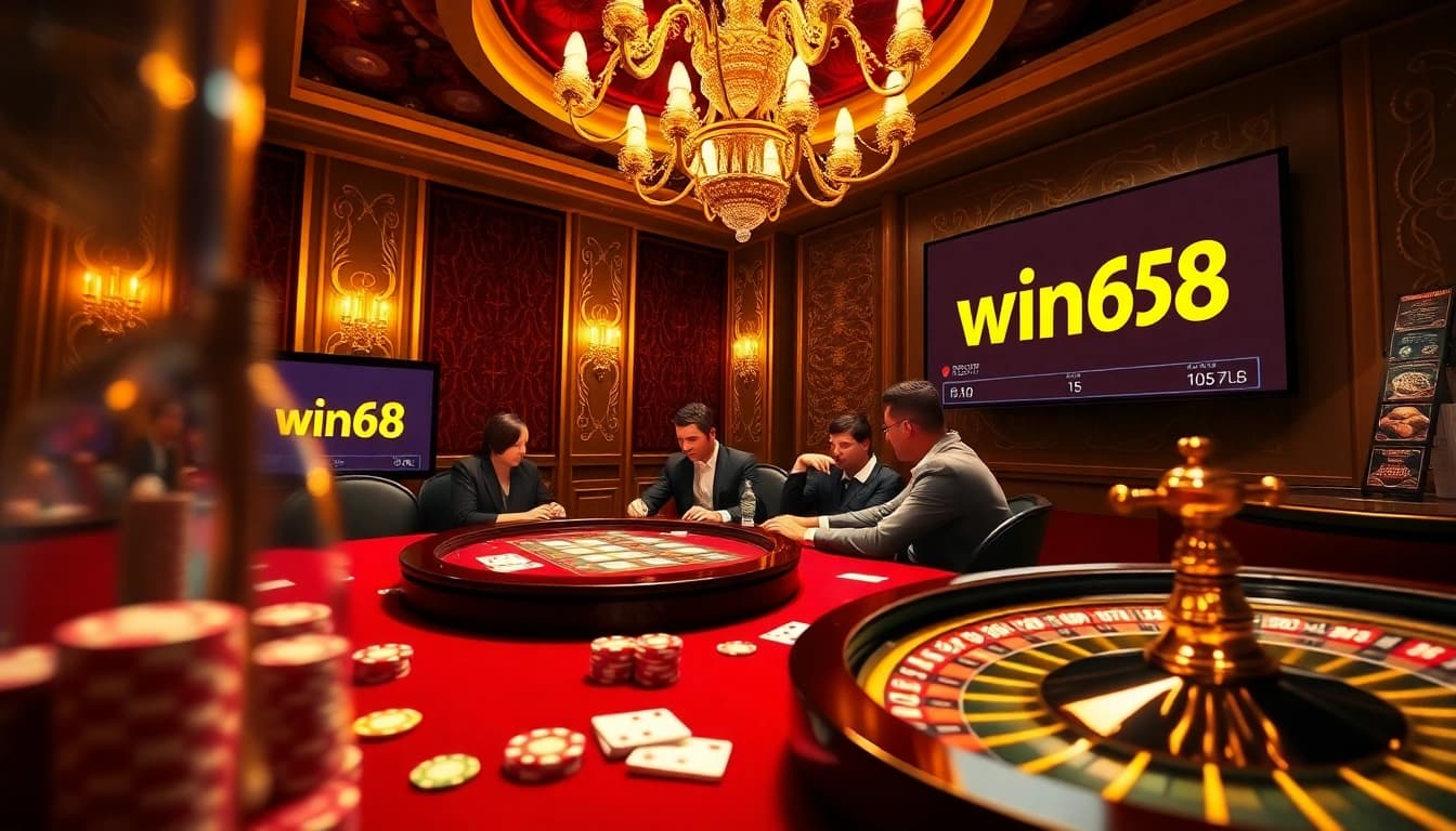 Players enjoy a thrilling poker game at a luxurious win678 casino table, filled with chips and cards.