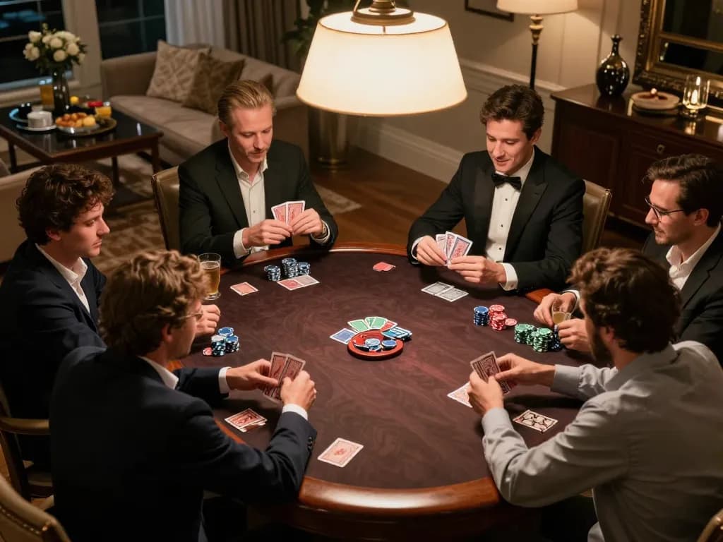 Players evaluating their cards at a cm88 poker game in an elegant home setting.