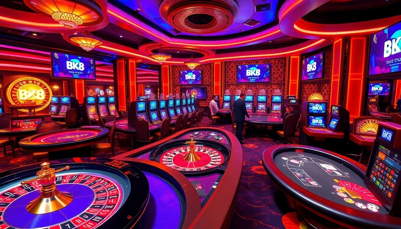 Exciting casino atmosphere with players enjoying BK8 เว็บตรง gaming tables and dynamic slot machines.