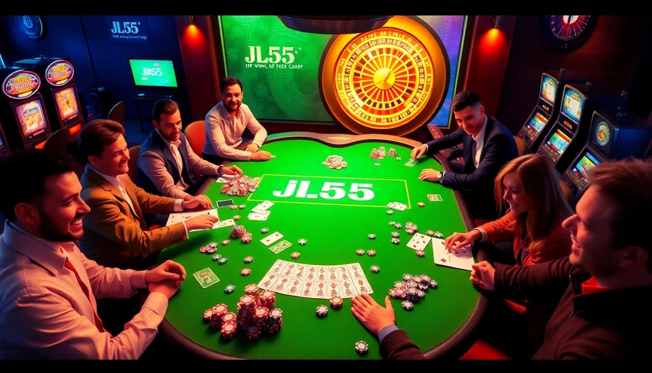 Engage in thrilling games at https://www.jl55.app/ with vibrant casino visuals featuring tables, cards, and slots.