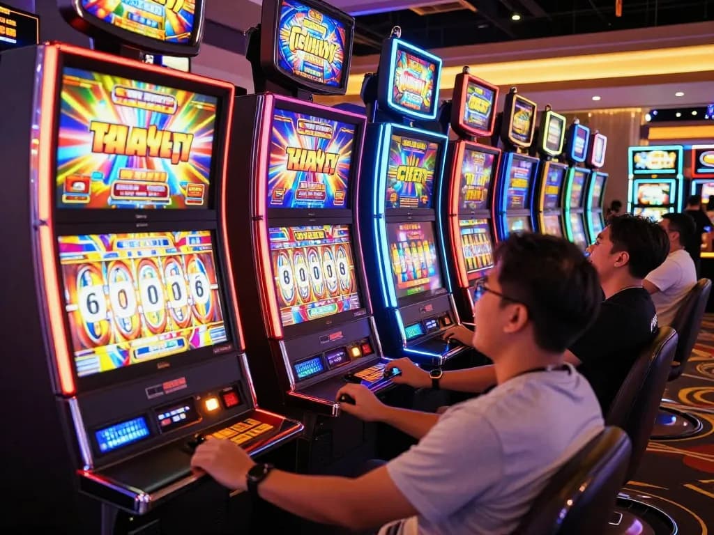 Players enjoying the thrill of slot gacor machines with vibrant lighting and exciting gameplay
