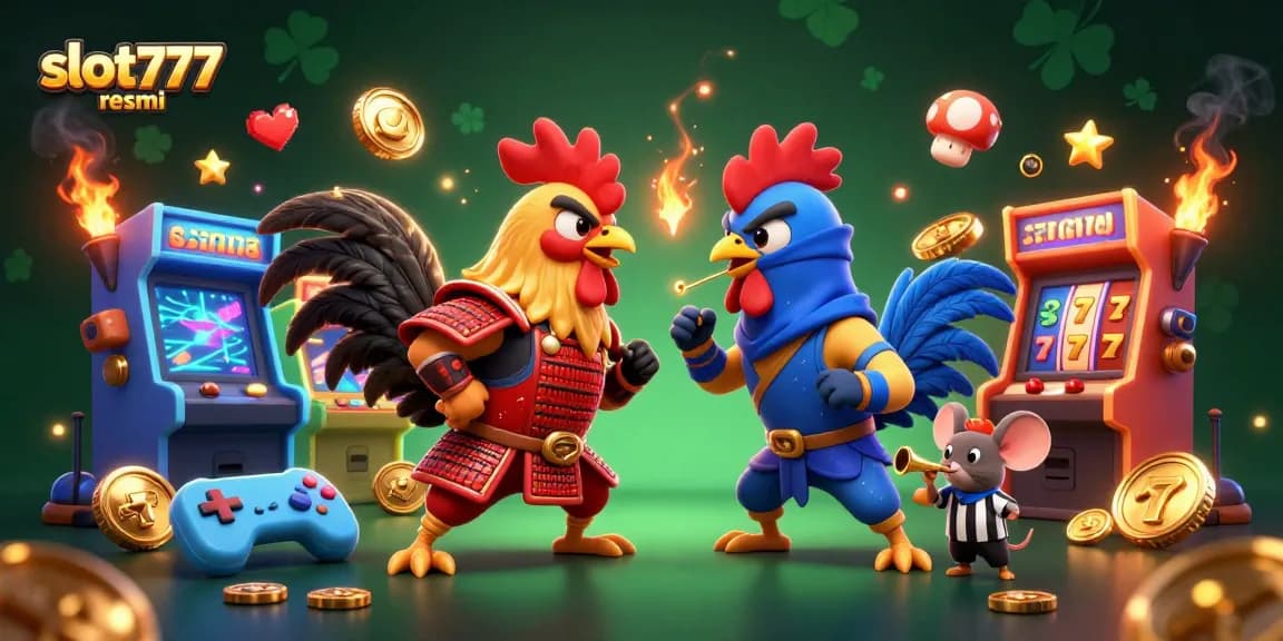 Engage with slot777 resmi as roosters battle in a thrilling gambling showdown amidst vibrant slot machines.