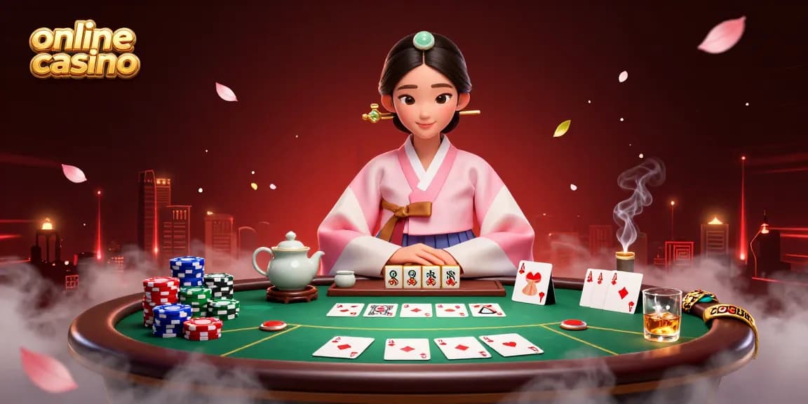 Engage in online casino adventures with a serene Asian woman in traditional dress, poker elements surrounding her.