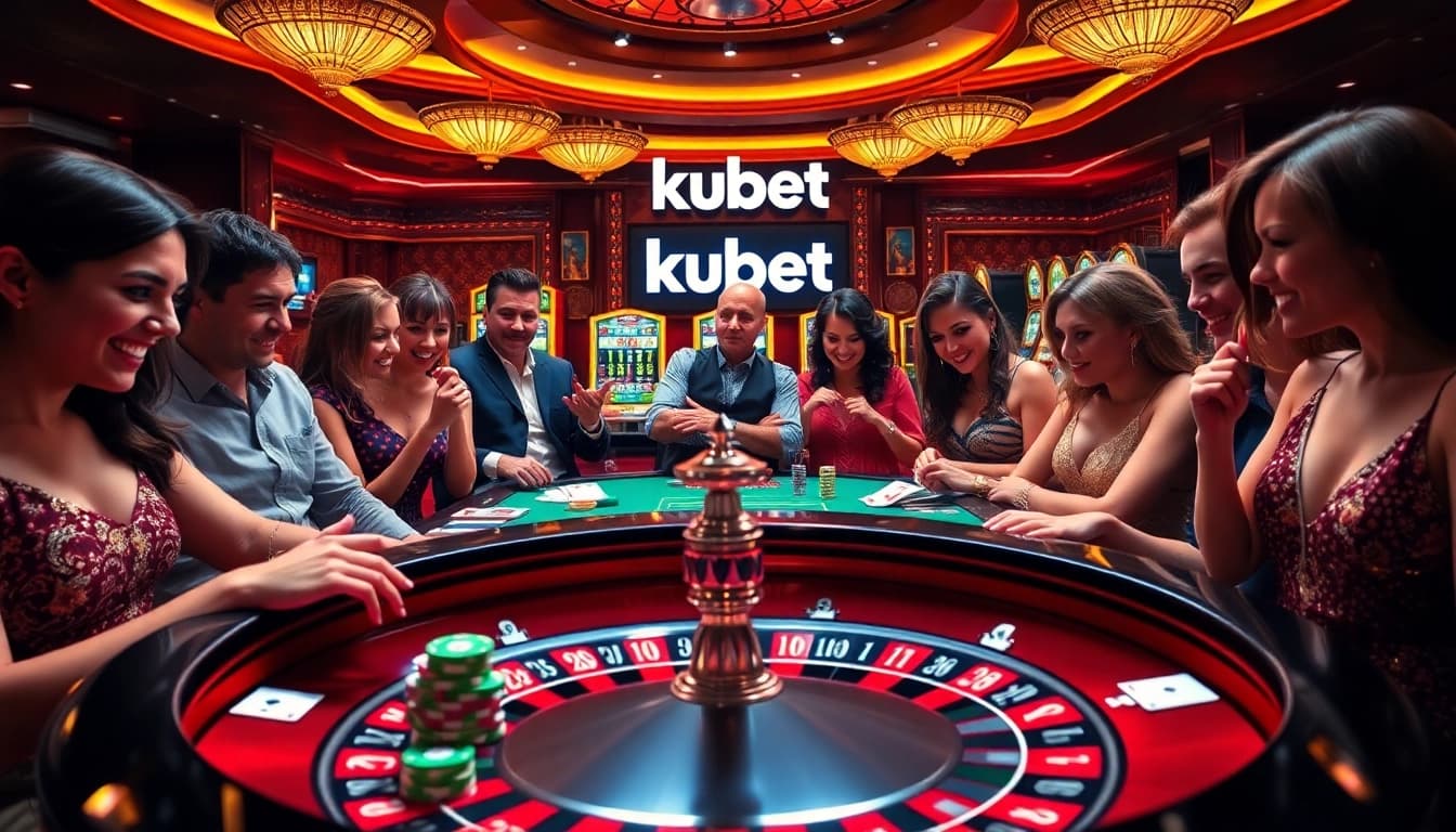 kubet players enjoying a thrilling game at a vibrant casino roulette table with poker chips