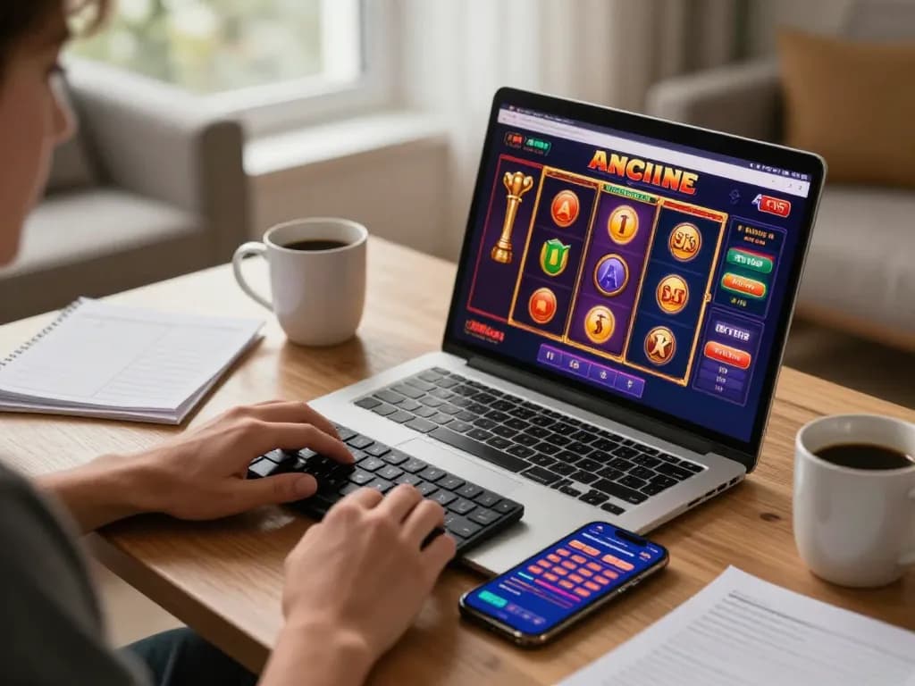 Engaging with exciting slot games on 388bet through a laptop and smartphone in a cozy home setup.