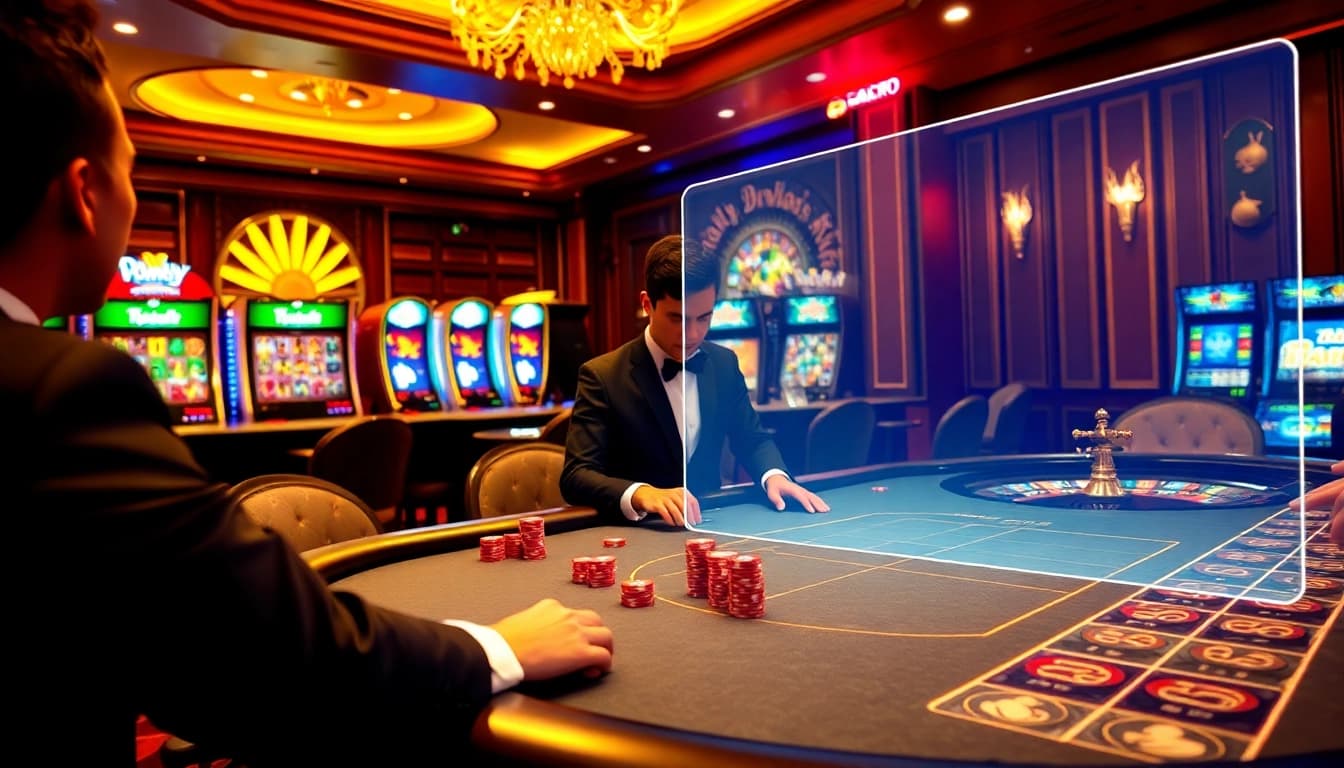 The lively casino scene featuring online gambling elements of https://mk8th.net/ with poker players and slot machines.