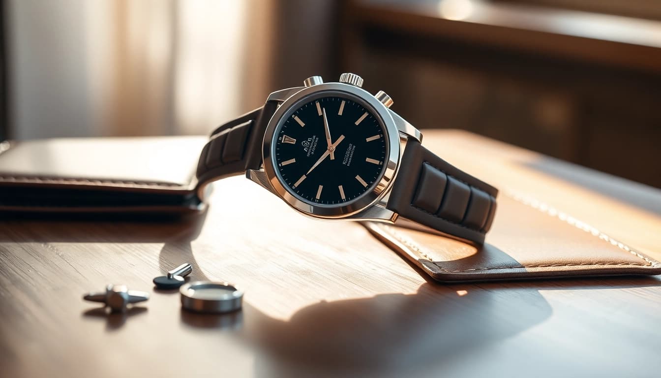 Showcase a stunning replica watch alongside stylish accessories, highlighting luxury and craftsmanship.