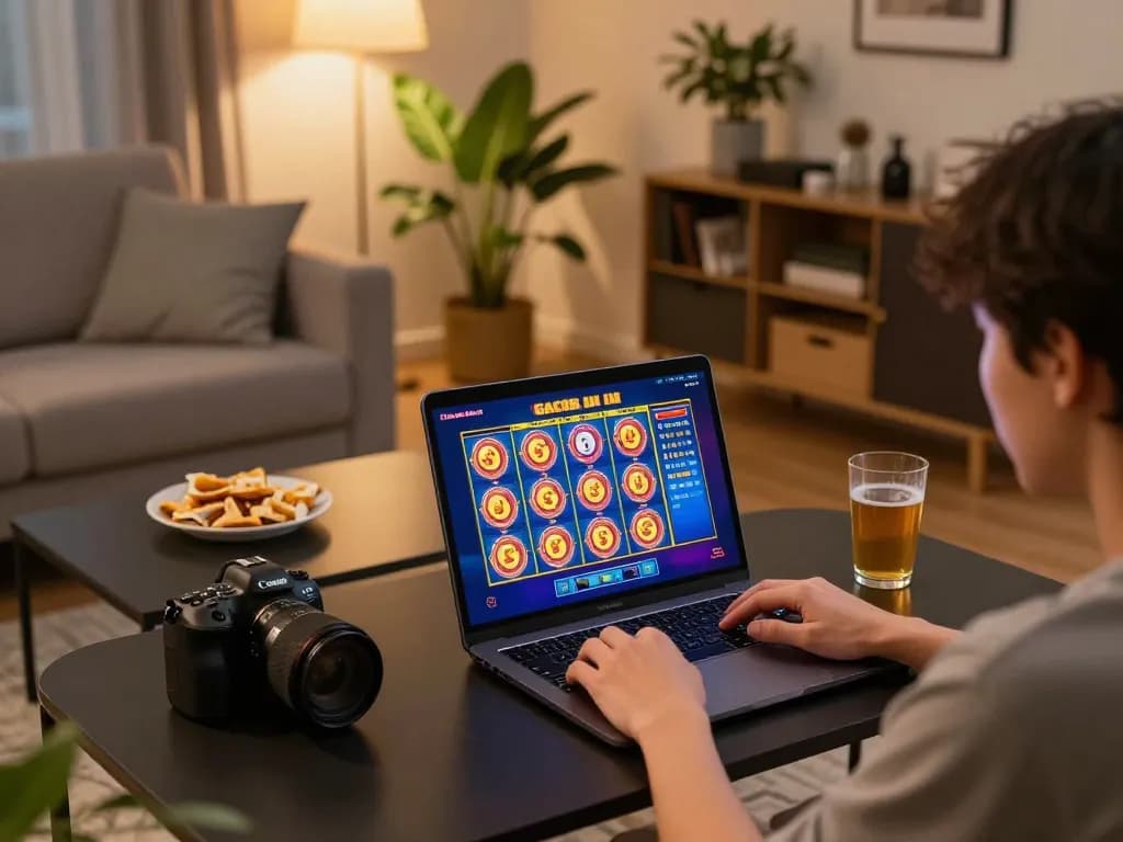 Engaging in slot gacor hari ini online gaming at home with laptop, comfortable setting, responsible play.