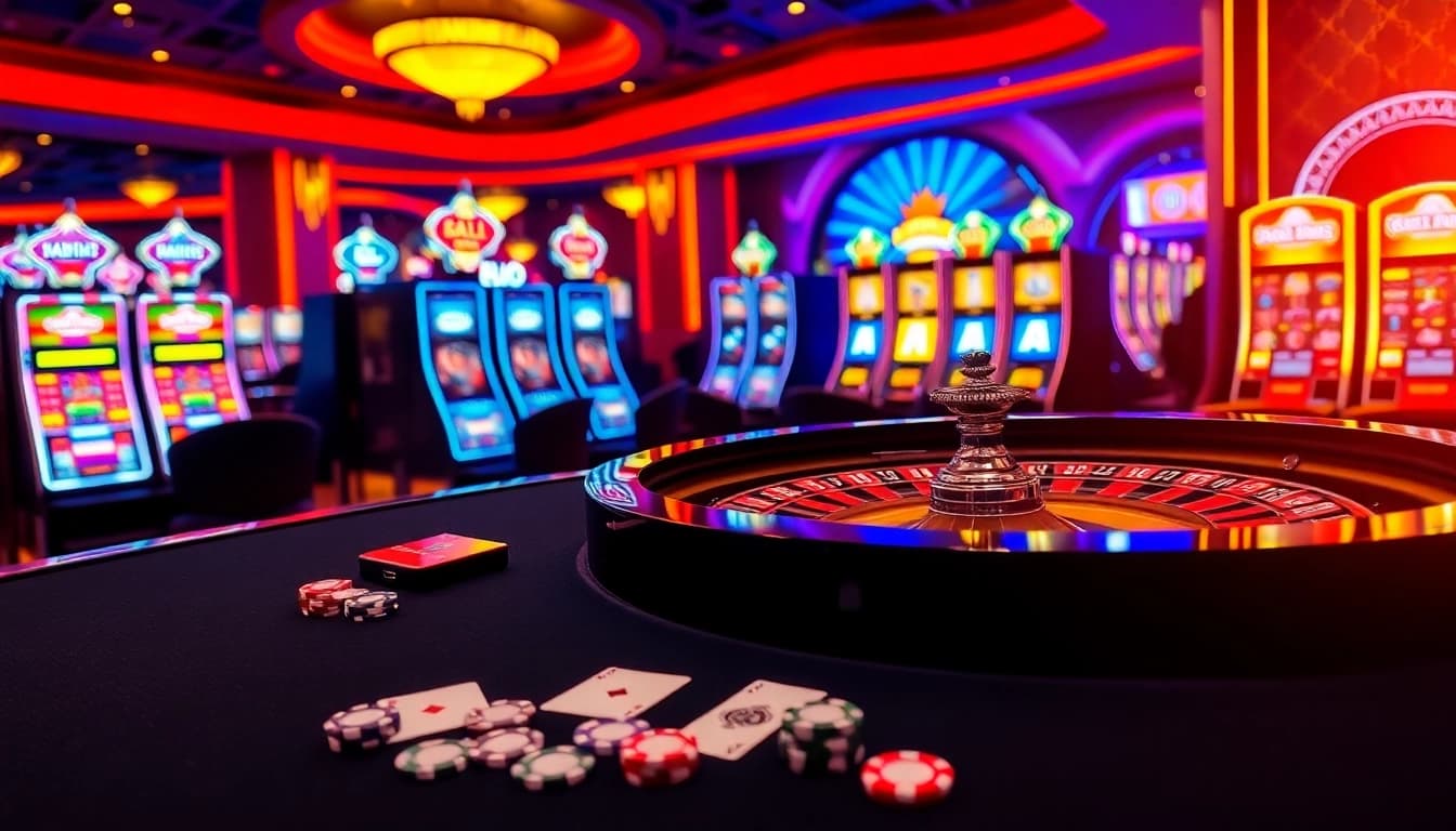 Experience thrilling gameplay at QQMacan, featuring vibrant slot machines and luxurious casino tables.