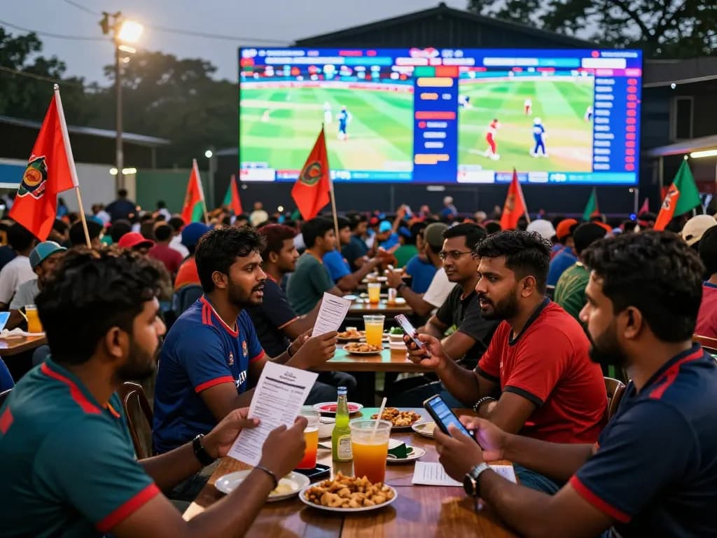 Exciting JeetBangla cricket betting scene with fans celebrating during a live match.
