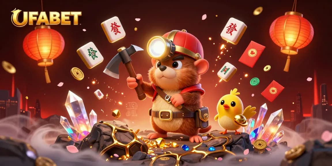 UFABET logo highlights vibrant scene of a treasure hunter mole amidst casino gaming elements, inviting players.