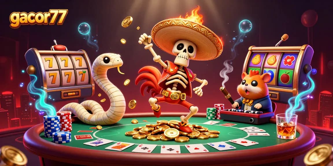 Gacor77 memeriahkan permainan slot dengan gambar karakter kasino yang unik dan menarik.