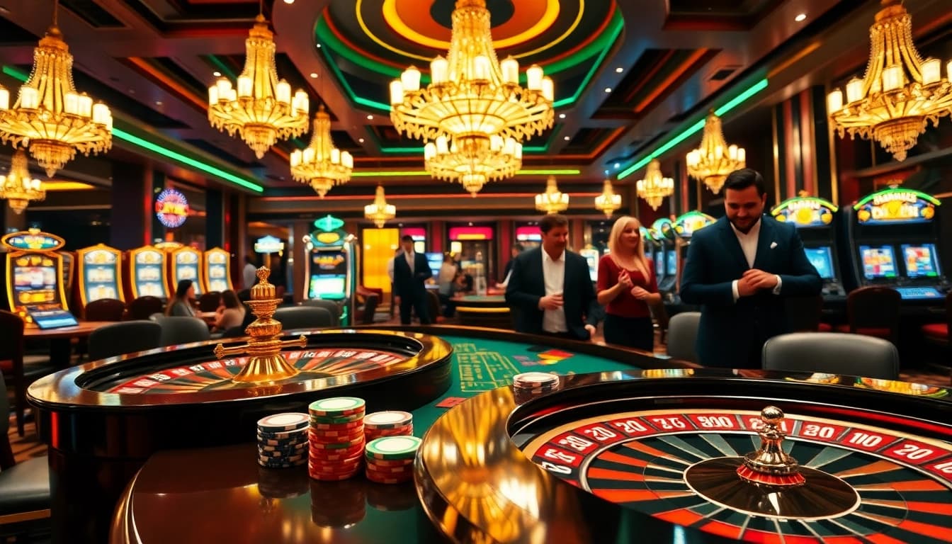 Players engaging in thrilling games at VVJL casino, featuring poker chips and a roulette wheel.