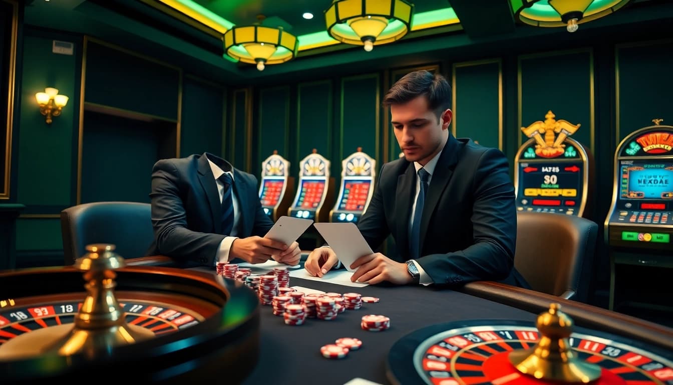Immigration lawyer Melbourne analyzing visa strategies at a poker table among casino visuals.