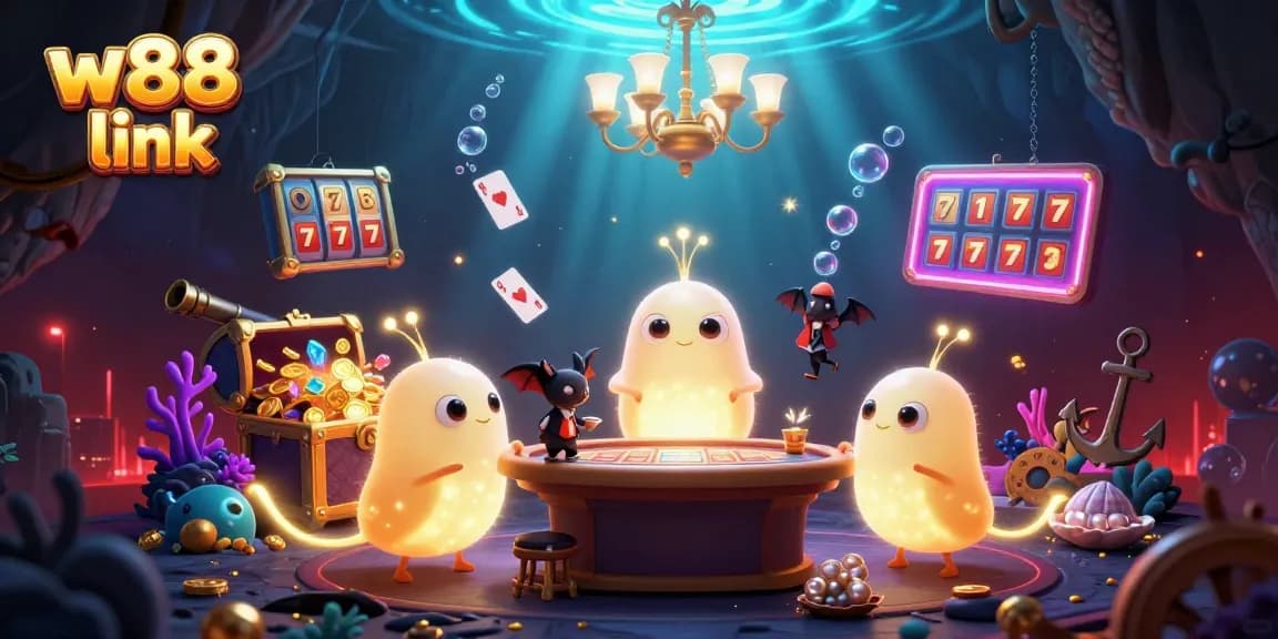 Experience thrilling gameplay with the w88 link illuminating an underwater casino adventure, packed with vibrant characters.