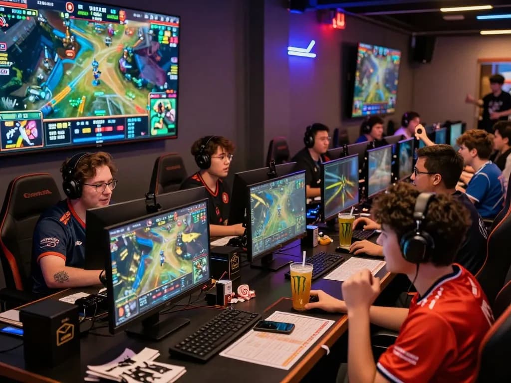 Dota 2 betting excitement in a vibrant esports lounge with fans cheering and analyzing match statistics.