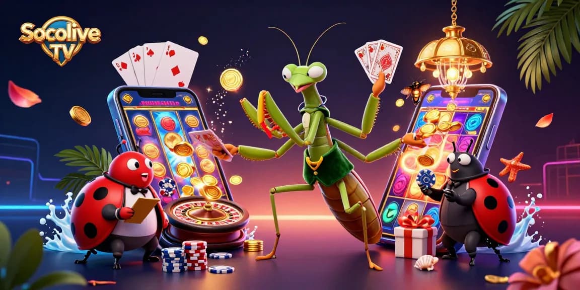 Socolive TV showcases a vibrant 3D gambling scene with a mantis card sharp, ladybug pit boss, and animated gaming elements.