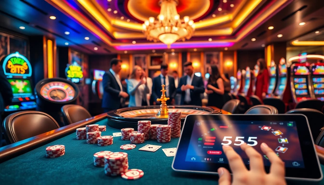 BL555 gaming table with poker chips in a luxurious casino setting, showcasing excitement.