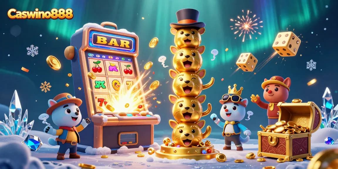 Experience the thrills of Caswino888 with vibrant slot machines and golden totem in a dynamic 3D casino scene.