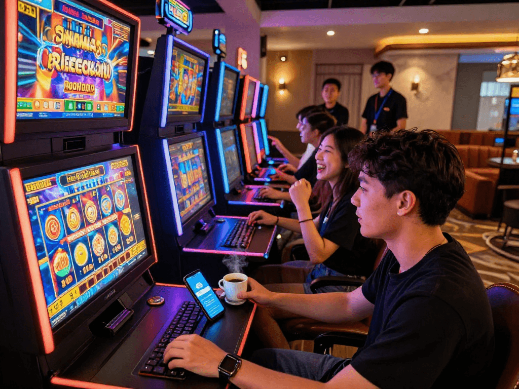 Players engaging in vibrant gaming experience while using rokok88 login on their devices, amidst colorful slot machines and lively atmosphere.