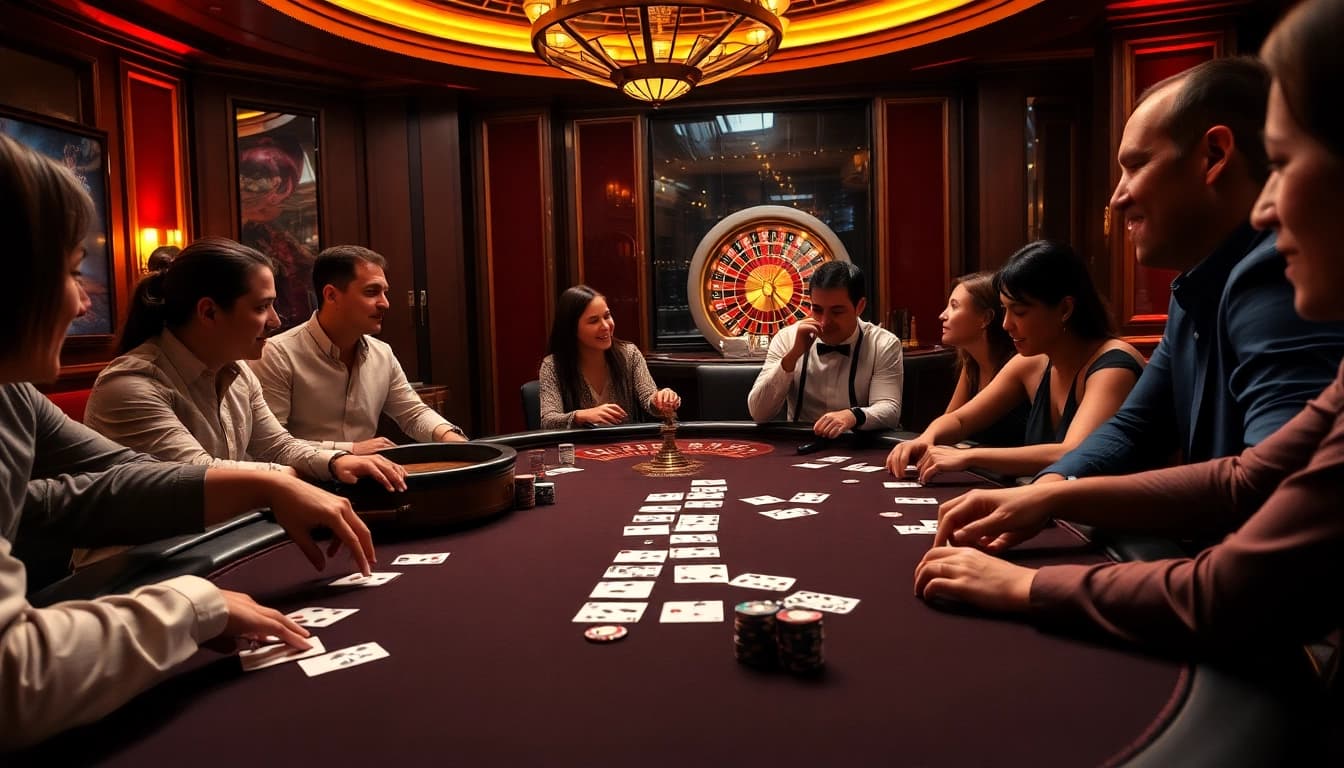 Players engaging in a thrilling poker game at 5z7772 com in a luxurious casino setting.