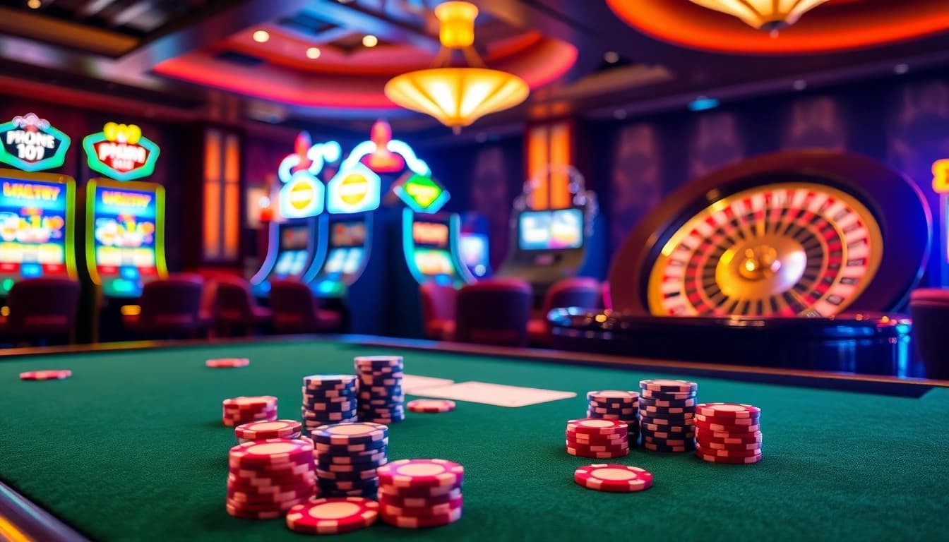 Experience thrilling gaming at phwin's luxurious casino table with cards, chips, and vibrant slot machines.